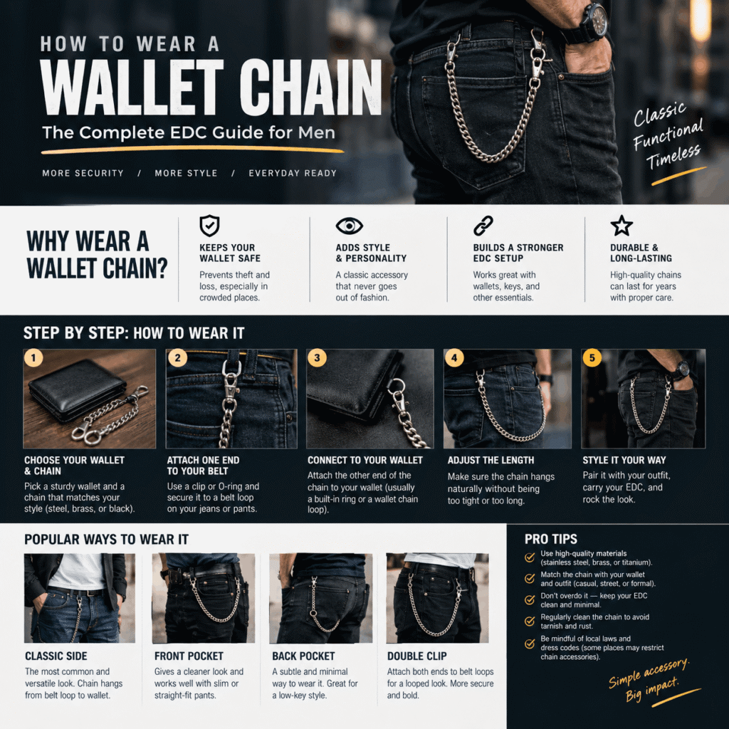 Man wearing a stainless steel wallet chain clipped to a belt loop with dark jeans for how to wear a wallet chain